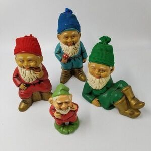Elves Troll Gnomes Knit Caps Green Red Blue Figurines Hand Made Set 4